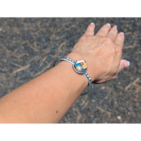 Navajo Handmade Cuff Bracelet Mohave Slab Turquoise Signed w Silver Band 6.5‎ ** - Picture 4 of 10